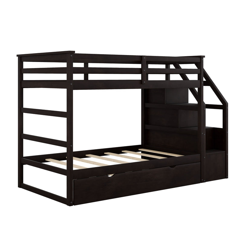 Twin Over Twin Bunk Bed With Twin Size Trundle And 3 Storage Stairs - Espresso - R&R Furniture Gallery (Fountain Valley, CA)