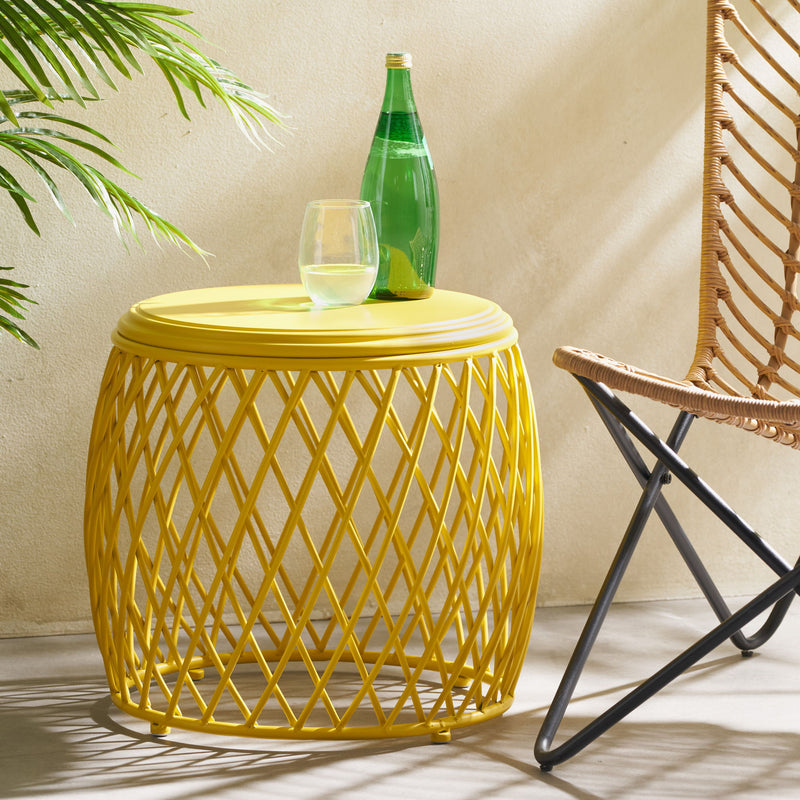 Noble House Alamera side table with a sleek wooden top and metal frame, modern living room decor.