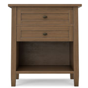 Simpli-Home Warm Shaker bedside table with two drawers, brown accent nightstand for bedroom storage and decor.