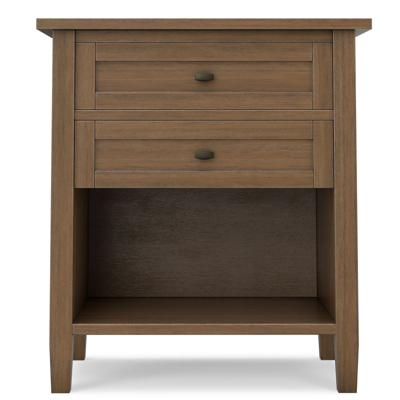 Simpli-Home Warm Shaker bedside table with two drawers, brown accent nightstand for bedroom storage and decor.