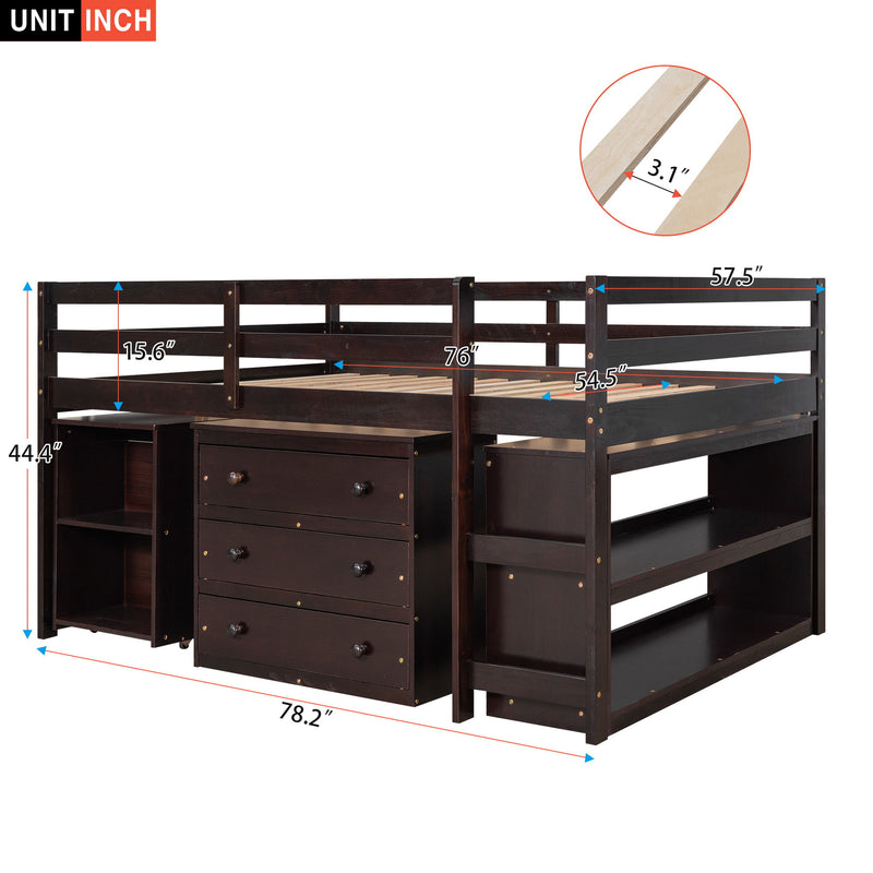 DreamHaus loft low study bed with built-in cabinet, shelves, and rolling desk, showcasing its multifunctional design and compact style.