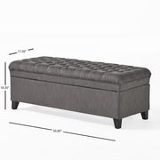 Noble House Juliana storage ottoman with beige fabric, wooden birch legs, and a cushioned top for versatile seating and storage.