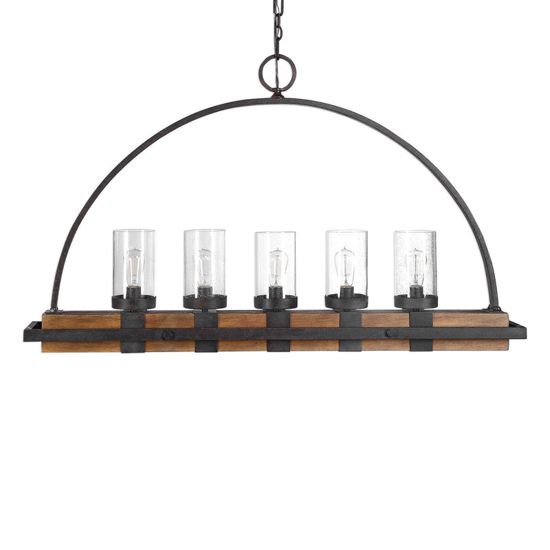 Uttermost Atwood 5-light rustic linear chandelier with light brown pendant lights and metal frame, ideal for modern rustic interiors.