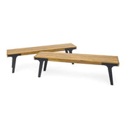 Set of two teak dining benches by Noble House featuring smooth wooden surfaces and sturdy construction for kitchen or dining room.