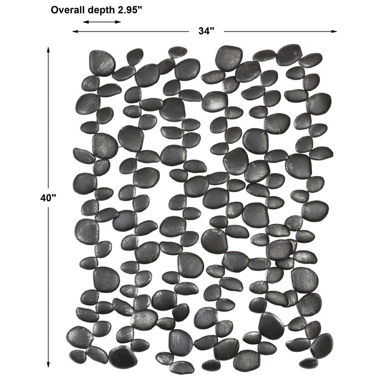 Uttermost Skipping Stones forged iron wall art in black, featuring abstract stone shapes for modern wall decor.