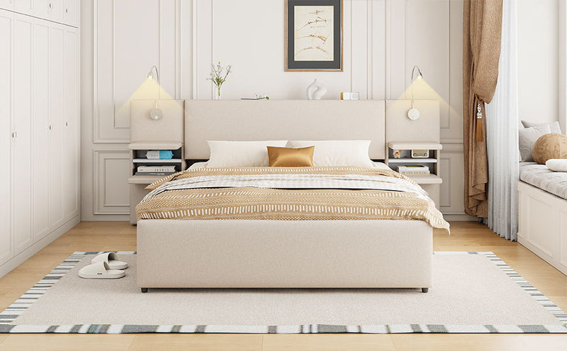 Upholstered Platform Bed With Reading Lights, Drawers, Trundle And Shelves - R&R Furniture Gallery (Fountain Valley, CA)