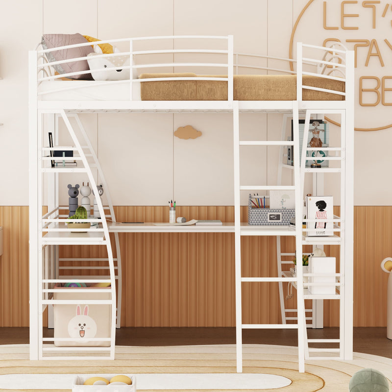 Loft Bed With 4 Layers Of Shelves And L-Shaped Desk, Stylish Metal Frame Bed With A Set Of Sockets, USB Ports And And Wireless Charging - R&R Furniture Gallery (Fountain Valley, CA)