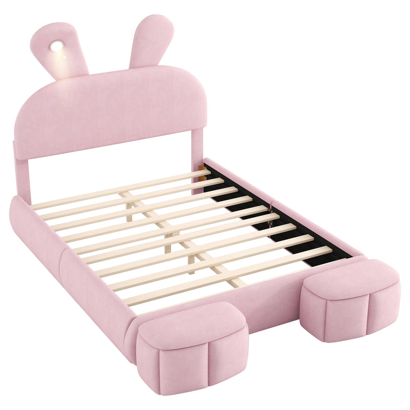 Full Upholstered Platform Bed With Cartoon Ears Headboard And LED Light - Pink - R&R Furniture Gallery (Fountain Valley, CA)
