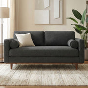 Simpli-Home Morrison upholstered stationary sofa with plush fabric and cushioned armrests in a modern living room setting.