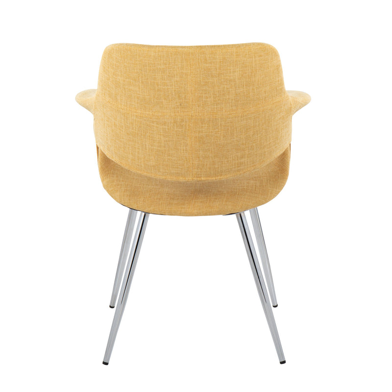 Set of two Lumi Source vintage flair art deco accent chairs with chrome legs in yellow, black, blue, or cream upholstery.
