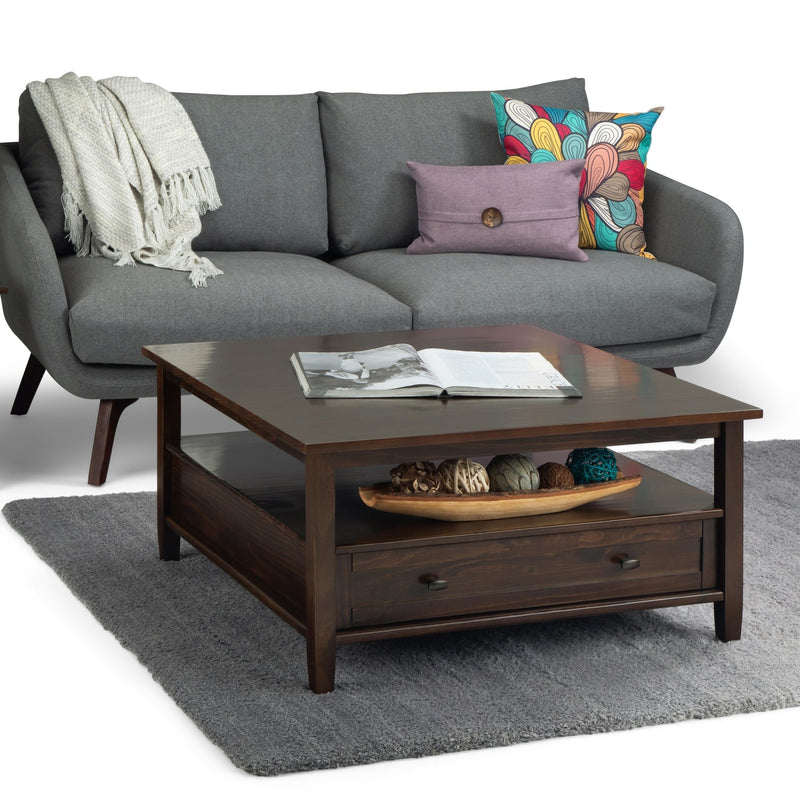Simpli-Home Warm Shaker square coffee table in tobacco brown wood with a smooth surface and sturdy legs.