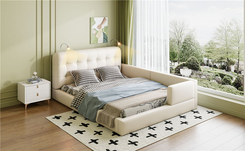 Queen Size Upholstered Platform Bed With 2 Reading Lights - White - R&R Furniture Gallery (Fountain Valley, CA)