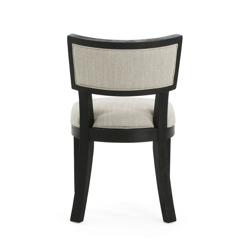 Noble House farmhouse style fabric upholstered side dining chairs set with cushioned seats and wooden legs.