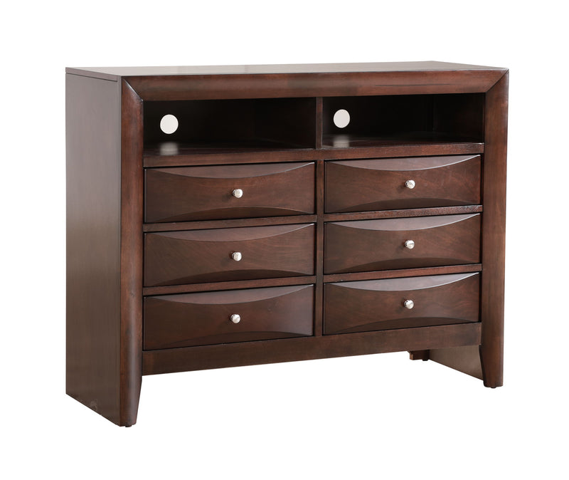 Modern Marilla media chest by Glory Furniture with sleek wood finish and multiple storage drawers.
