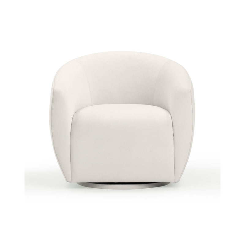 TOV Furniture Jordan velvet swivel chair with rounded back and chrome base, featuring plush fabric and modern design.
