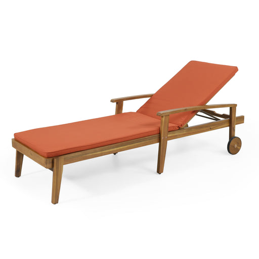 Noble House Jason chaise lounge with adjustable backrest, acacia wood outdoor furniture, featuring a sleek design for patio relaxation.