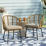 Noble House Randy modern wicker arm chair with water-resistant beige cushions, brown wicker frame, outdoor patio furniture.