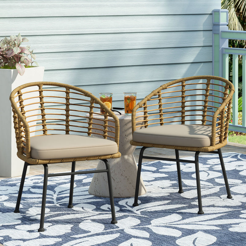 Noble House Randy modern wicker arm chair with water-resistant beige cushions, brown wicker frame, outdoor patio furniture.