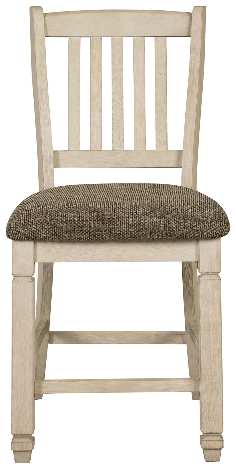 Set of two beige upholstered barstools by Signature Design by Ashley, featuring padded seats and wooden legs for comfortable seating.