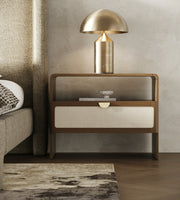 Emilio - Modern Beige Fabric + Burlap + Walnut 4-Piece Bedroom Set — view 3