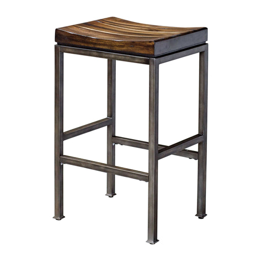Uttermost Beck industrial counter height bar stool with metal frame and wooden seat, 24-27 inch adjustable height.