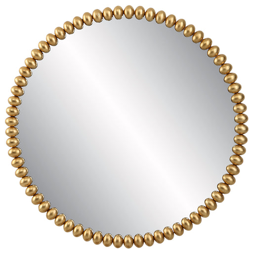 Uttermost Byzantine round wall mirror with a gold finish, featuring an ornate, decorative frame for elegant wall decor.