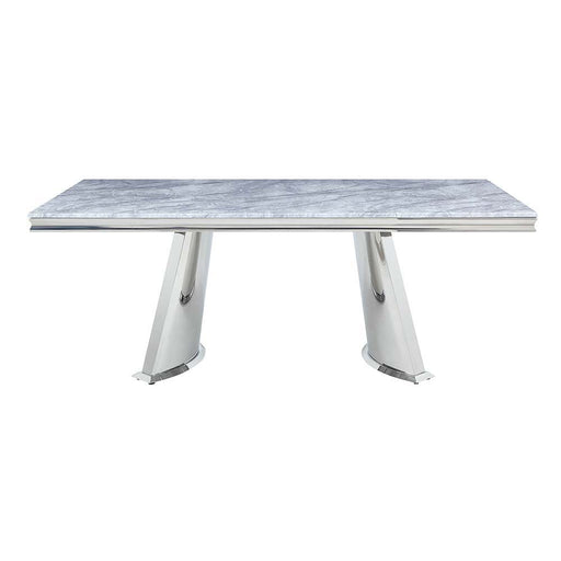 Destry - Dining Table With Engineering Stone Top & Pedestal Base - Engineering Stone Top & Mirrored Silver - R&R Furniture Gallery (Fountain Valley, CA)