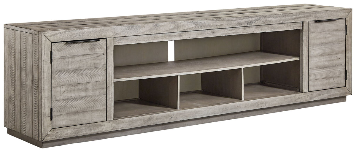 Naydell - XL TV Stand w/Fireplace Option - Gray - R&R Furniture Gallery (Fountain Valley, CA)