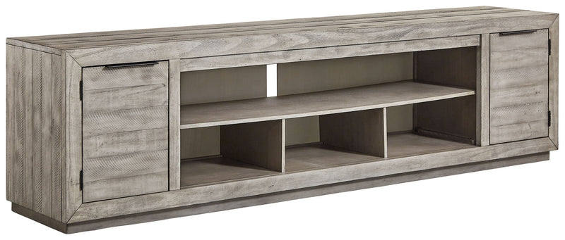 Naydell - XL TV Stand w/Fireplace Option - Gray - R&R Furniture Gallery (Fountain Valley, CA)