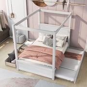 DreamHaus canopy platform bed with built-in drawers, support slats, and no box spring needed, shown with a modern frame and mattress.