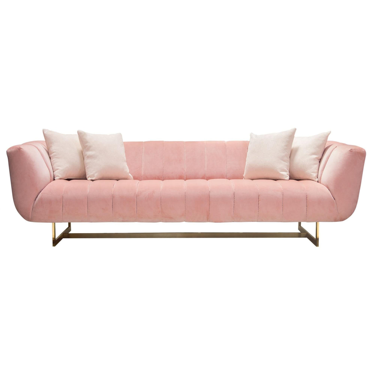 Venus Sofa in Blush Pink Velvet w/ Contrasting Pillows & Gold Finished Metal Base by Diamond Sofa
