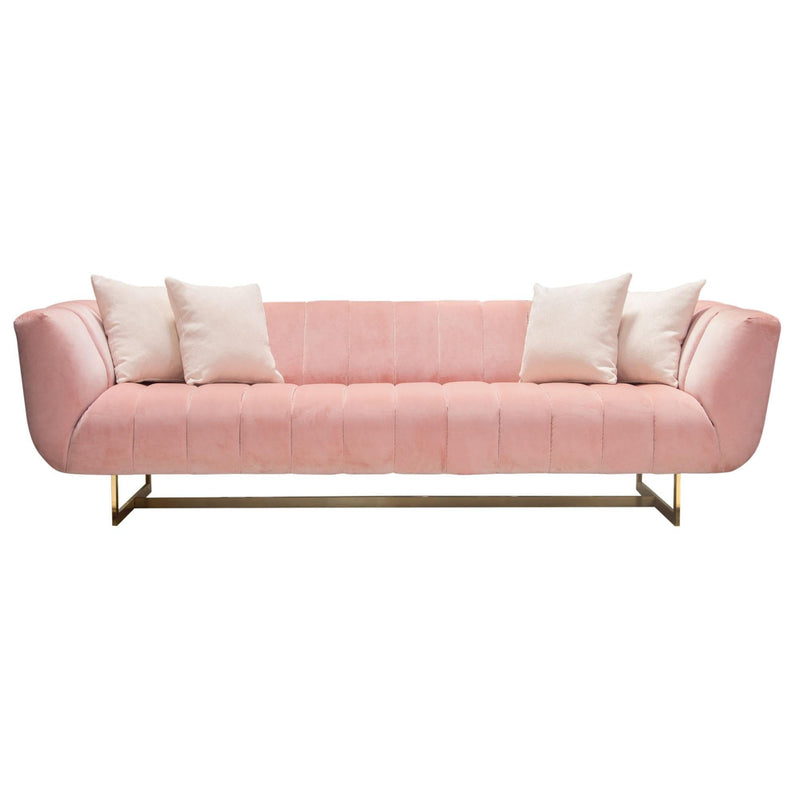 Venus Sofa in Blush Pink Velvet w/ Contrasting Pillows & Gold Finished Metal Base by Diamond Sofa