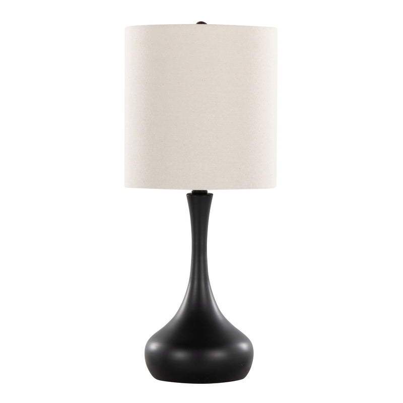Set of two Lumi Source Genie contemporary table lamps with matte black bases and oatmeal fabric shades.
