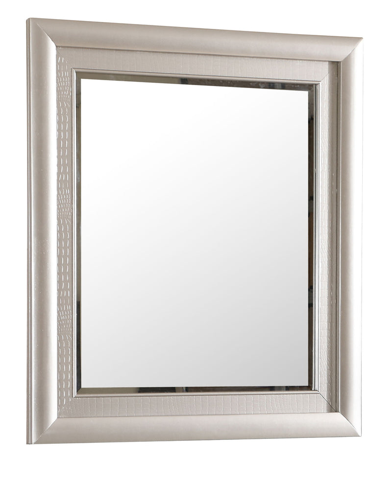 Silver Champagne mirror by Glory Furniture featuring a sleek, modern mirror design with a reflective silver finish.