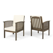 Pair of Noble House Casa Acacia wood club chairs with water-resistant gray and cream cushions, perfect for outdoor seating.