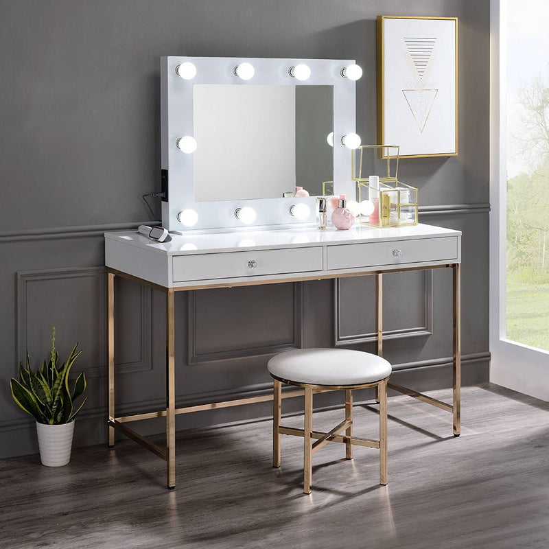 Ottey - Vanity Desk (Same 92540) - White High Gloss & Gold - R&R Furniture Gallery (Fountain Valley, CA)