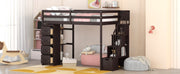 DreamHaus loft bed with built-in storage drawers, stairs with shelves, and a sturdy wooden frame for space-saving sleep solutions.