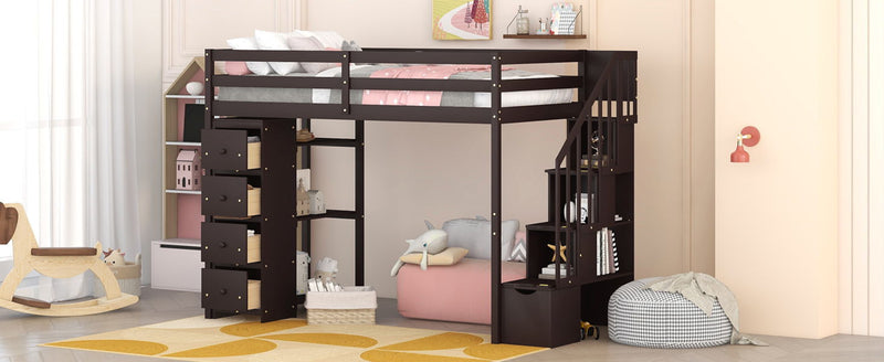 DreamHaus loft bed with built-in storage drawers, stairs with shelves, and a sturdy wooden frame for space-saving sleep solutions.