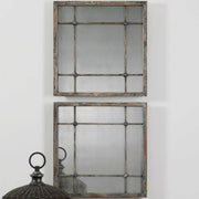 Pair of Uttermost Saragano square wall mirrors with light brown frames, modern decor for living spaces.