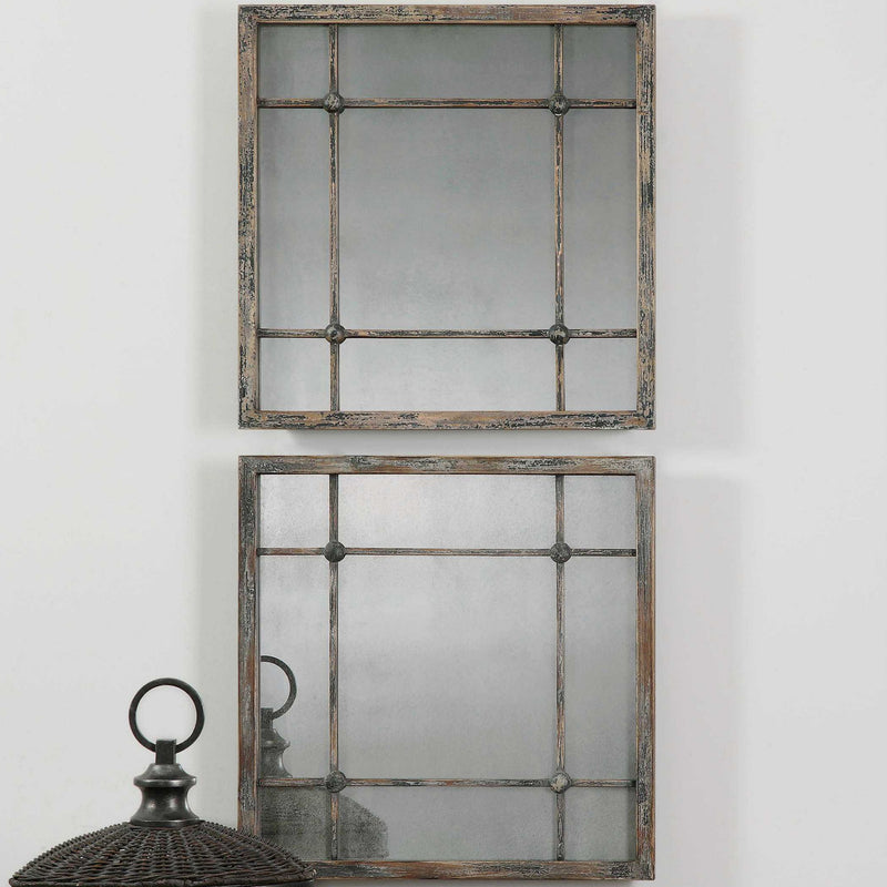 Pair of Uttermost Saragano square wall mirrors with light brown frames, modern decor for living spaces.