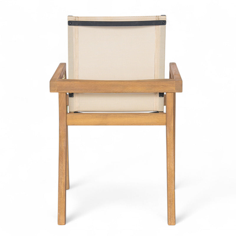 Set of two Noble House Belfast dining chairs with acacia wood frames and cushioned seats.
