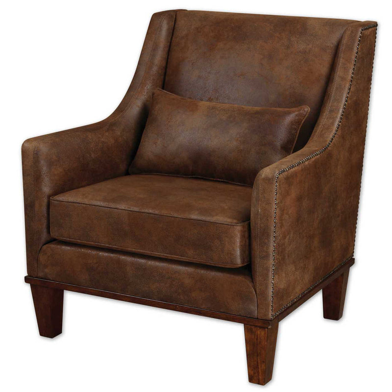 Dark brown leather armchair by Uttermost featuring a sturdy frame and plush cushioning for comfortable seating.