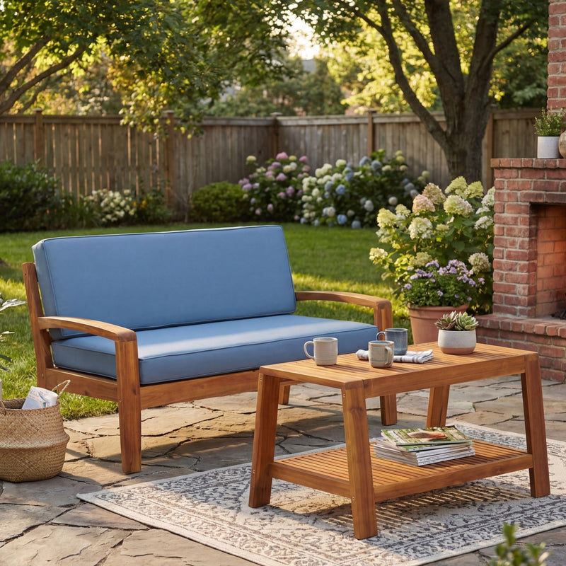 2 Piece Outdoor Conversation Set (Loveseat & Coffee Table With Water-Resistant Cushions) - Blue / Teak - R&R Furniture Gallery (Fountain Valley, CA)