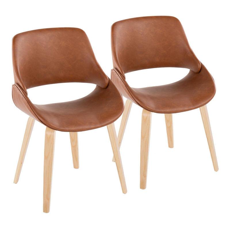 Lumi Source Fabrico mid-century modern dining chair set with blue, cream, or camel upholstery and natural bent wood legs.