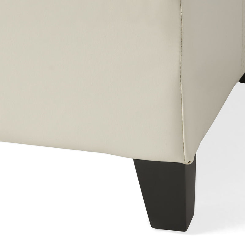 Noble House Glouster contemporary storage ottoman with a fabric upholstered top and wooden legs, ideal for living room storage.