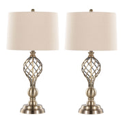 Set of two Lumi Source Linx Twist contemporary table lamps with antique soft brass bases and white shades, modern and stylish lighting.