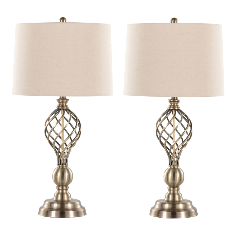 Set of two Lumi Source Linx Twist contemporary table lamps with antique soft brass bases and white shades, modern and stylish lighting.