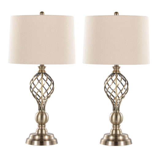 Set of two Lumi Source Linx Twist contemporary table lamps with antique soft brass bases and white shades, modern and stylish lighting.
