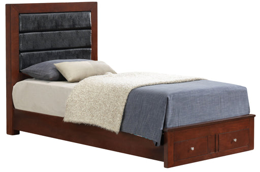 Elegant storage bed by Glory Furniture with built-in drawers, perfect for cozy bedrooms and efficient space-saving organization.