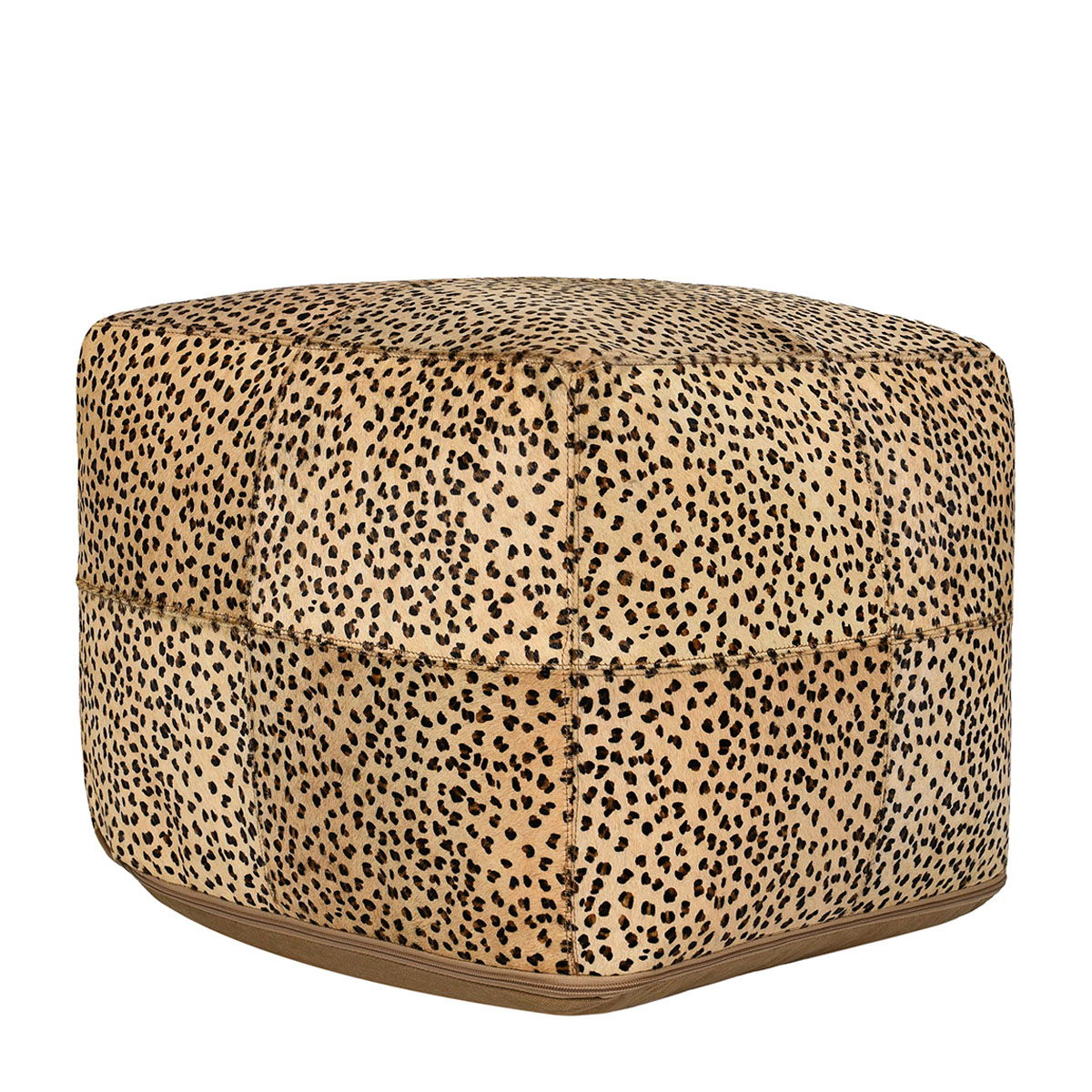 Classic Home hide accent pouf in neutral fabric, round shape, soft textured surface, used as versatile seating or footrest.